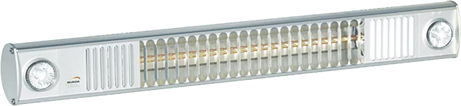 Der Infrarotheizstrahler mit Beleuchtung TERM2000 IP65 L&H FIX verfügt links und rechts über je eine feststehenden LED-Spot. Der Beleuchtungsradius bei diesem Modell bleibt gleich.